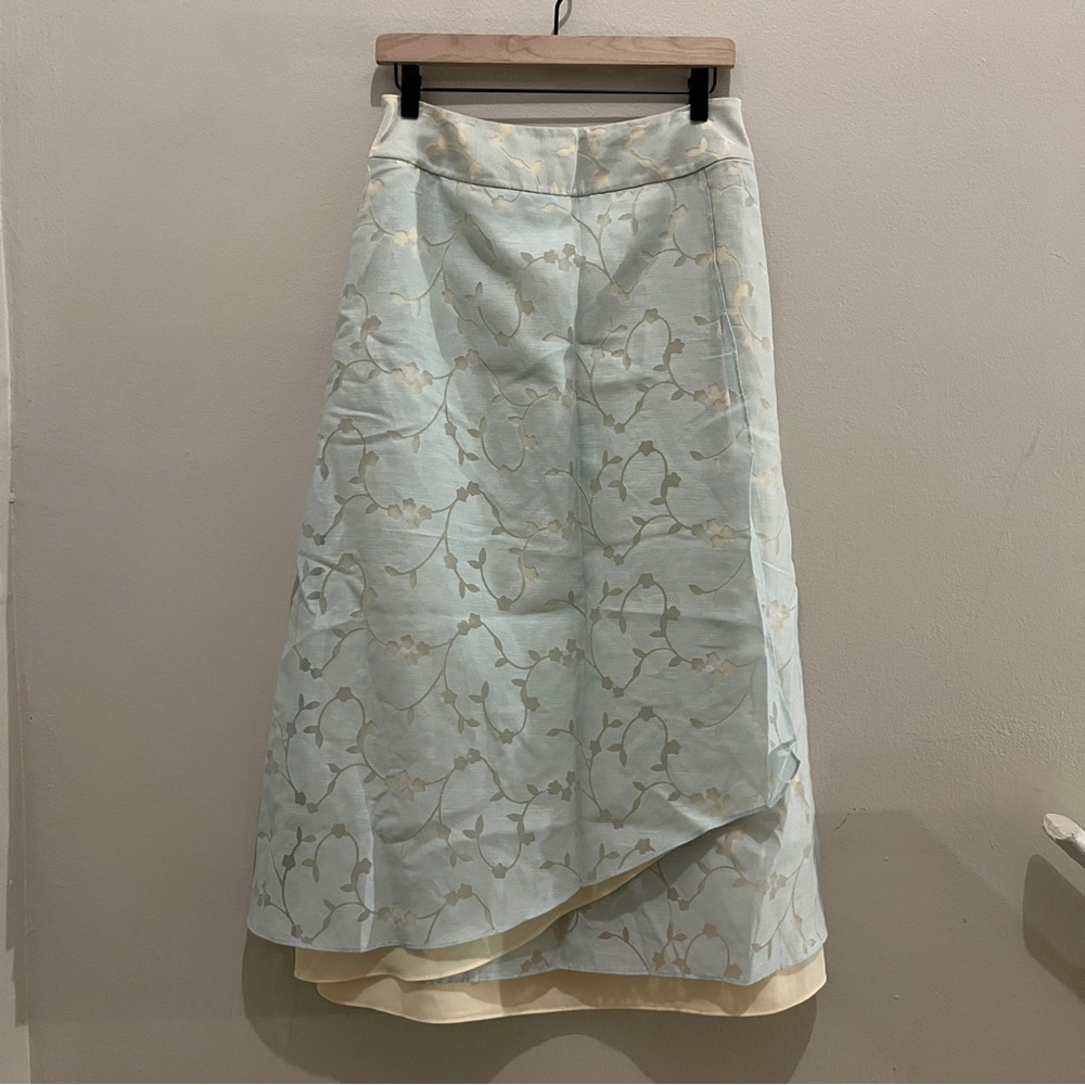 J.Jill Burnout Linen Blend Floral Overlay Midi Faux Wrap Skirt Blue Cream Size 8 - Picture 2 of 16